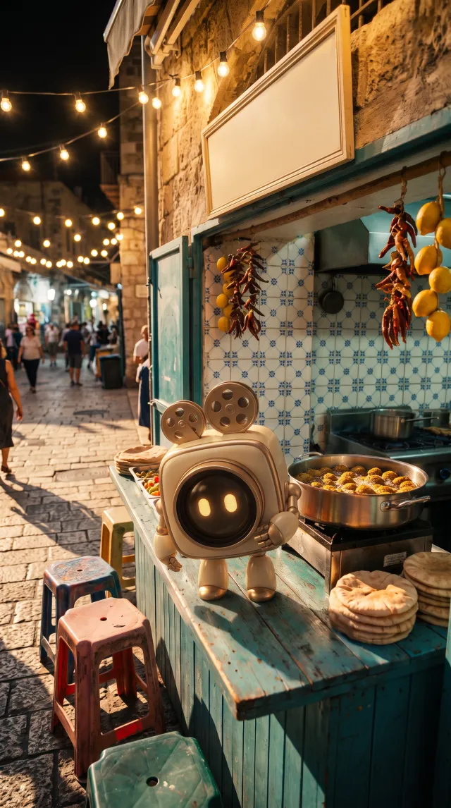 Buddy, a small camera robot, bowing on the falafel stand counter at night
