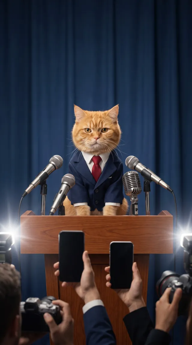 A cat in a suit at a press conference
