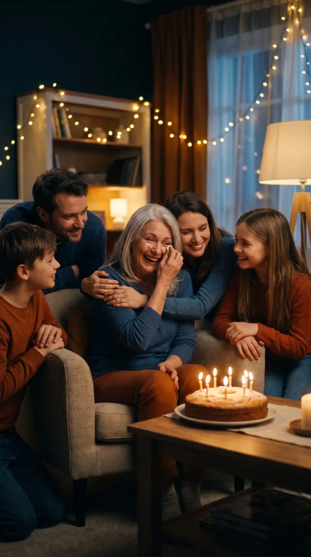 A family celebrating a birthday with a cake and candles